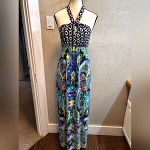 Snap Pattern Blocked Halter Maxi Dress